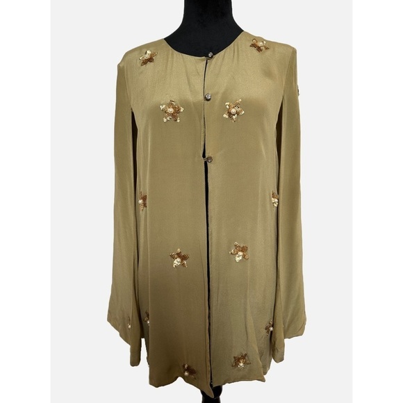 Jackets & Blazers - Silk Poncho in olive green with hand work flowers all across. One size fit all.